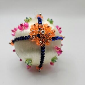 Vintage Handmadd Beaded Christmas Ornament Holiday Decoration, White Colorful